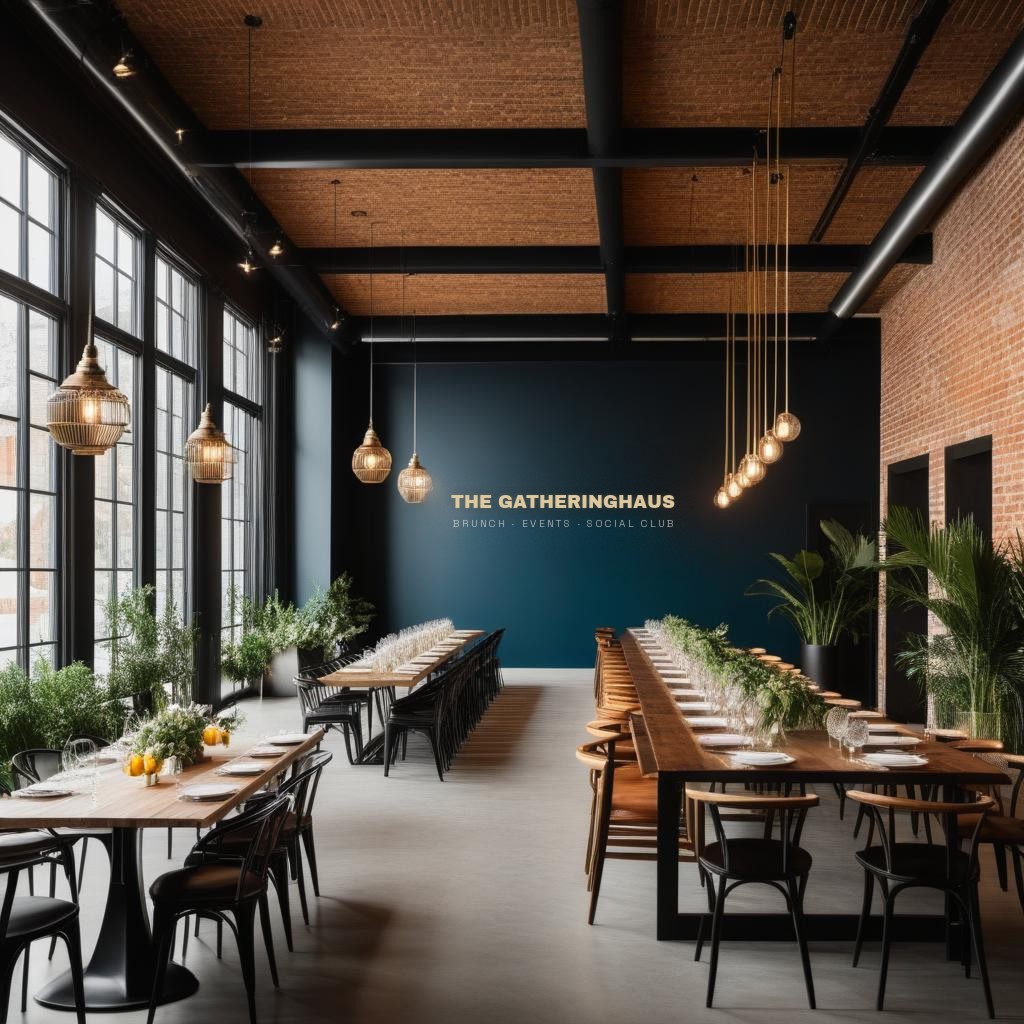 Design rendering of The GatheringHaus interior showing long communal tables, exposed brick walls, a navy feature wall and warm pendant lighting