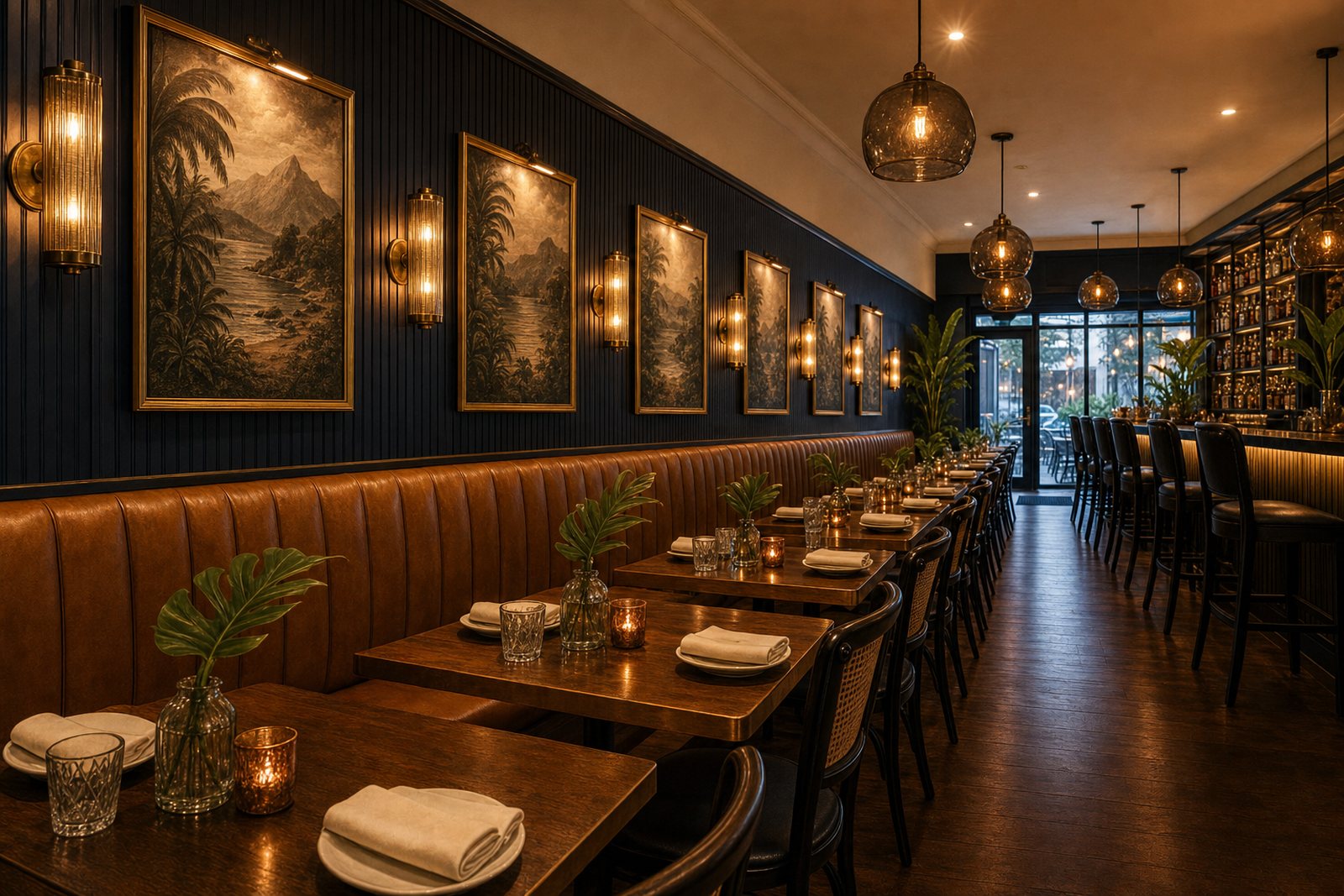 Design rendering of the Shawn&rsquo;s Kitchen and Piano Bar dining room with a leather banquette, navy wall panelling, brass sconces and framed island artwork
