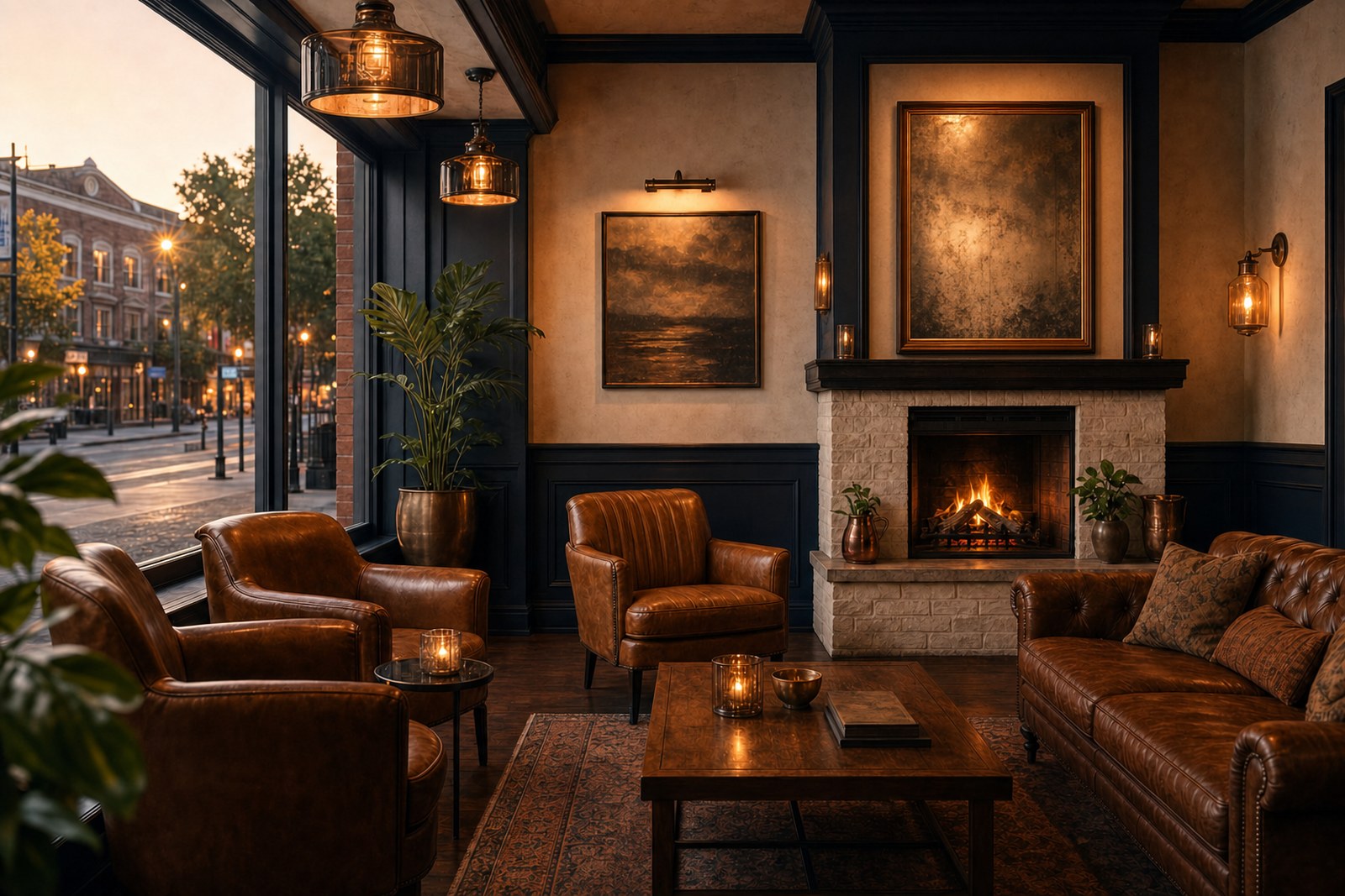 Design rendering of the Shawn&rsquo;s Kitchen and Piano Bar fireplace lounge with an ivory limewashed brick hearth, navy walls and copper dome pendants