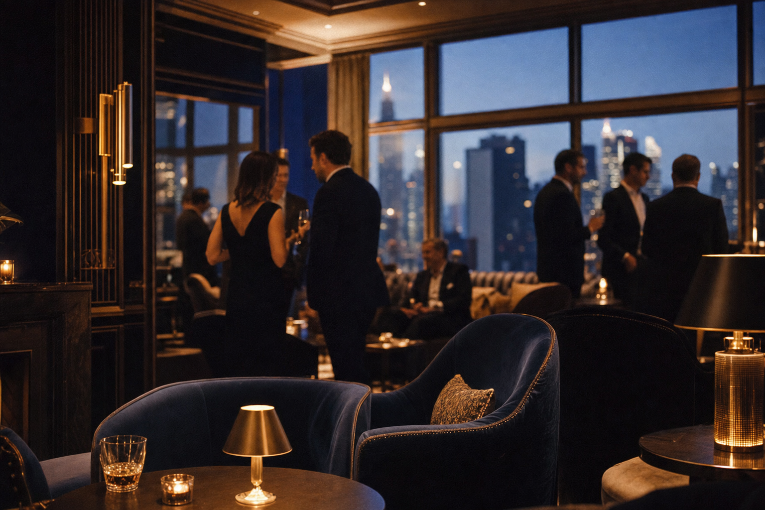 Elegant navy and brass members-only social club lounge at dusk with city skyline